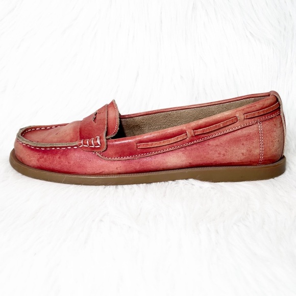 SOLD-Bed Stu Distressed Organic Dyed Ombre Red Boho Leather Slip On Loafers - Picture 2 of 12